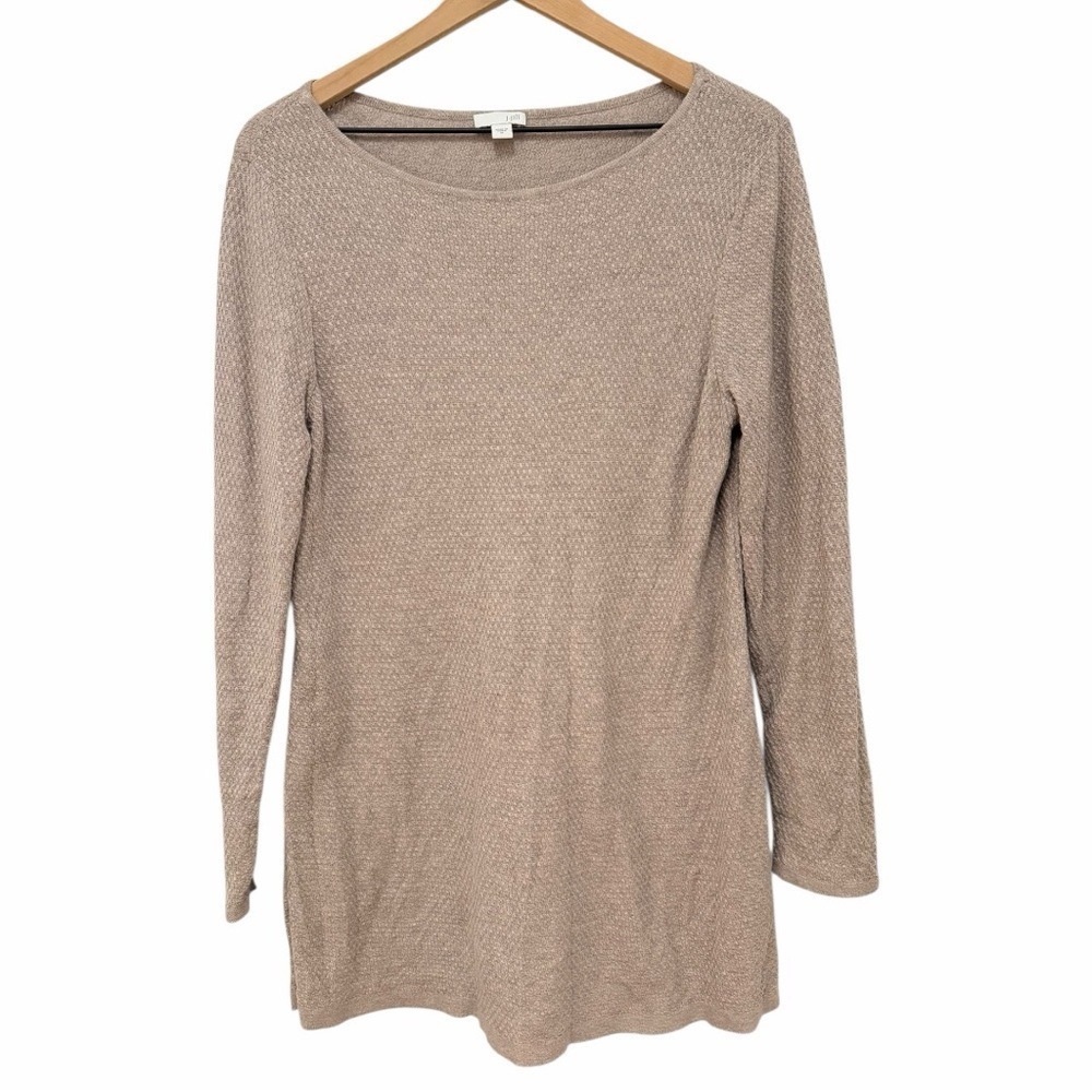 J. Jill Beige Textured Long Knit Tunic Sweater Minimal Cotton Neutral Cozy Sz S - Picture 2 of 5